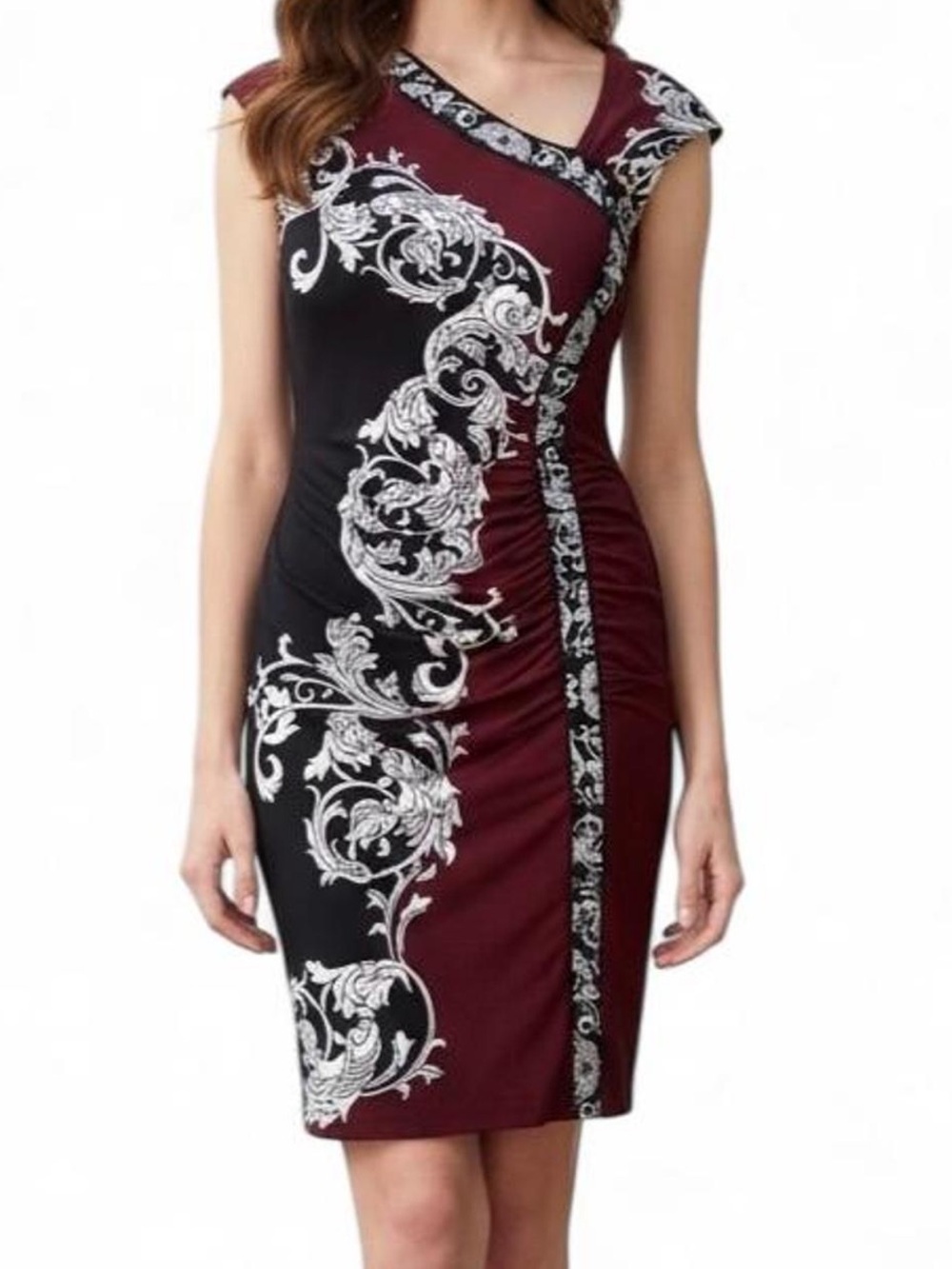 Cache Burgundy Black & White Bodycon Formal Dress